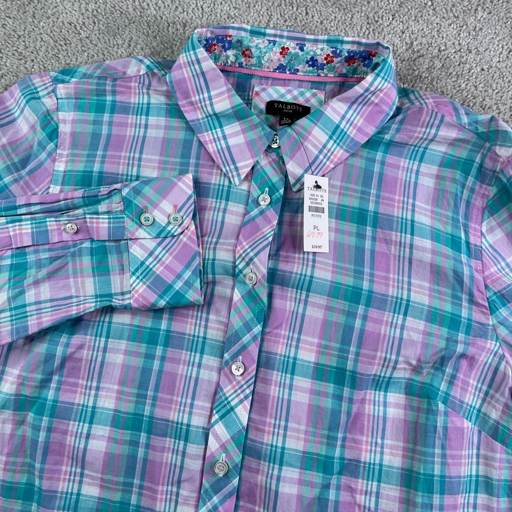 NEW Talbots Top Womens Large Petite Purple Plaid Button Down Cotton Pastel